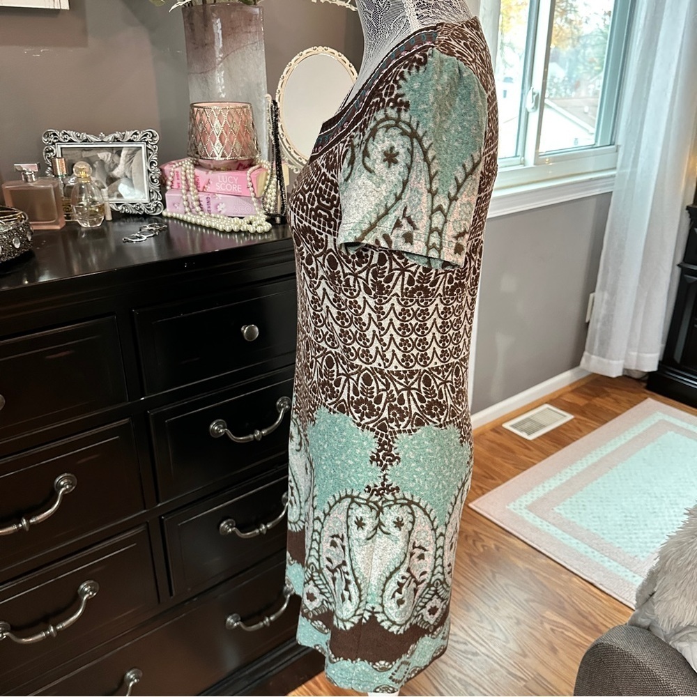 Papillon Boho Paisley Knit Brown Teal Floral Sweater Dress Eclectic Grandpa M - Picture 6 of 16
